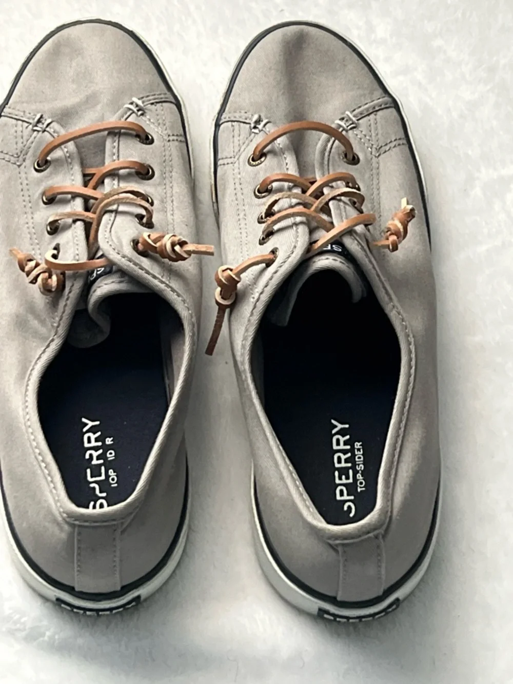 Sperry Men’s Gray Canvas Boat Shoes with Tan Leather Laces, Size 10M